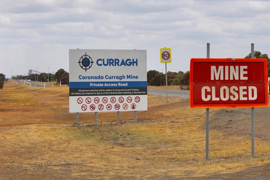 Mine closed sign at entrance to Coronado Curragh Mine near Blackwater in central Queensland.