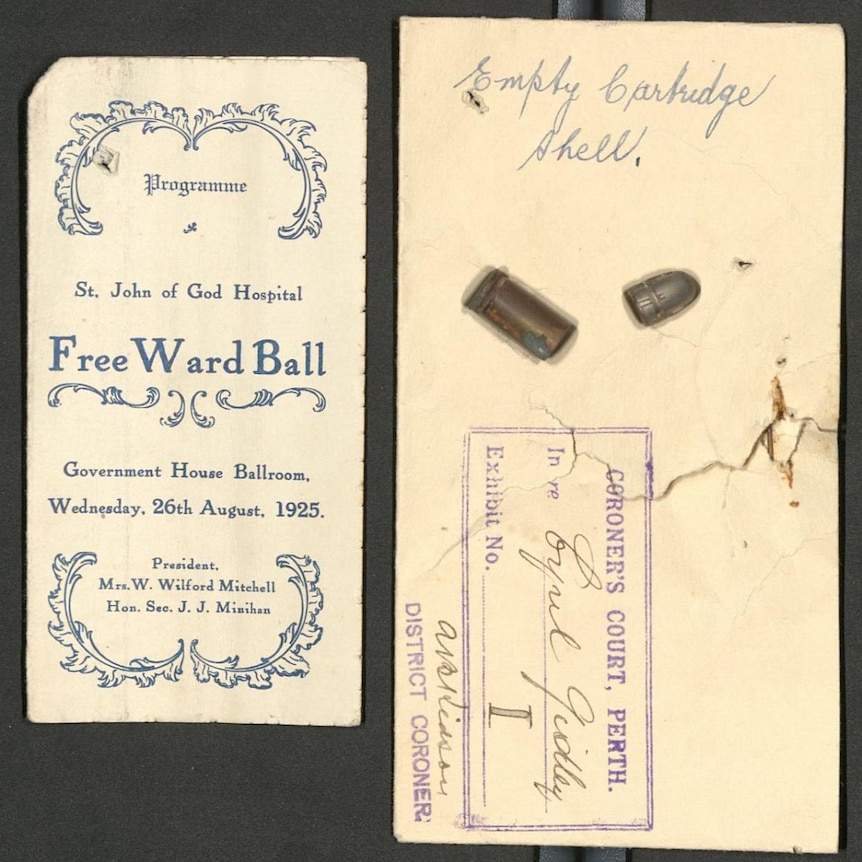 The program from the ball where Cyril Gidley was shot, and the cartridge shell from the bullet that pierced his chest.