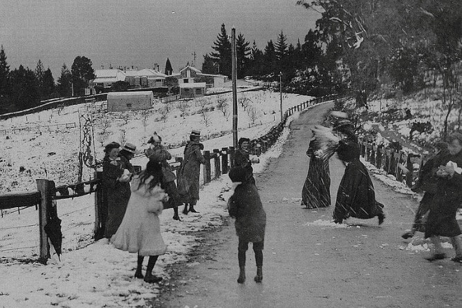 Black-and-white image of people playing in the snow on Mount Lofty in 1905