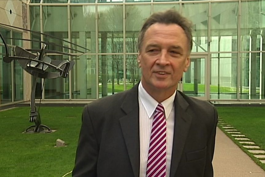 Archival vision of former Labor minister Craig Emmerson in a parliamentary courtyard.