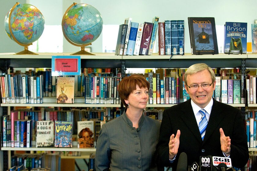 Kevin Rudd and deputy Julia Gillard hold a press conference.