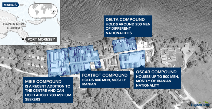 An aerial photograph of Manus Island Regional Processing centre with an overlay showing the location of various compounds.