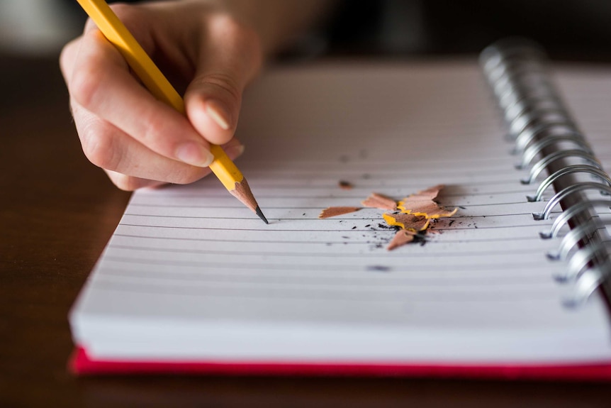 A hand holds a pencil on a blank workbook above pencil shavings.