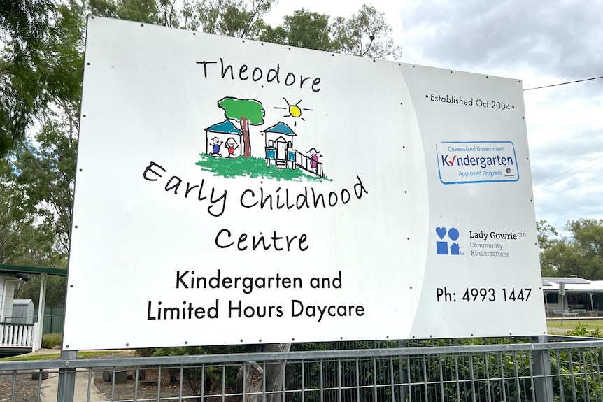 A sign reading Theodore Early Childhood Centre Kindergarten and Limited Hours Daycare