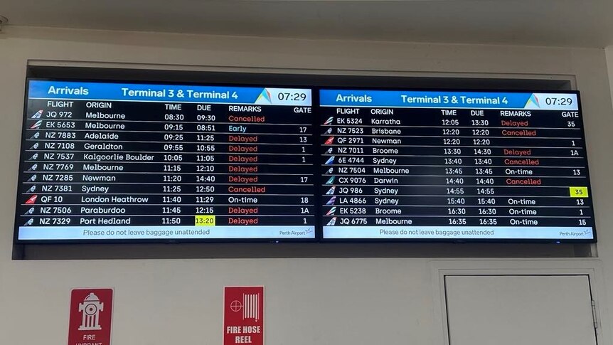 Perth airport board showing cancelled flights