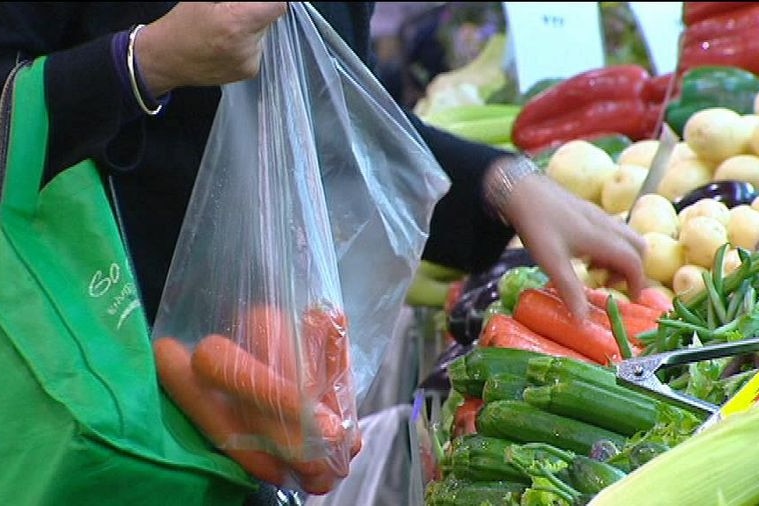 A shopper uses plastic and re-usable shopping bags at a market