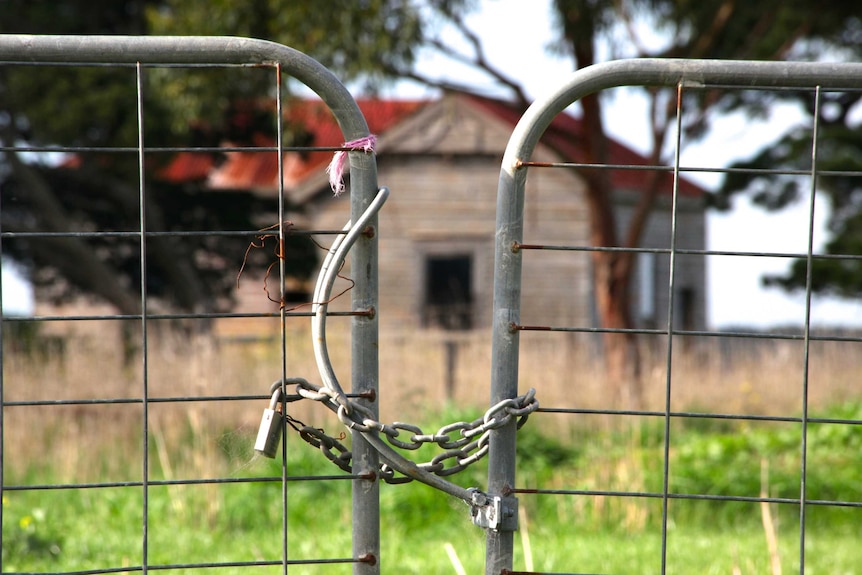 A locked farm gate with abandoned house in the background