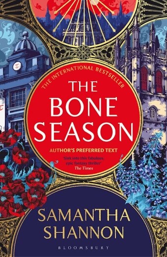 The book cover of The Bone Season by Samantha Shannon, golden frames and london buldings