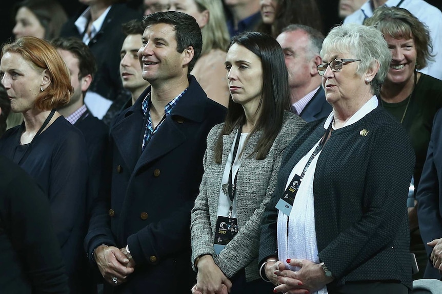 Labour leader Jacinda Ardern (2nd right) with her partner Clarke Gayford.