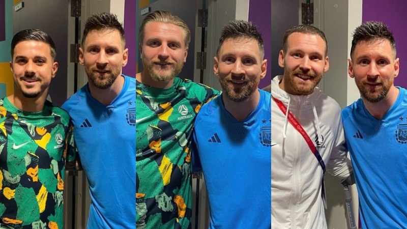 Composite image of Socceroos Marco Tilio, Jason Cummings and Martin Boyle posing for photos with Argentina's Lionel Messi.