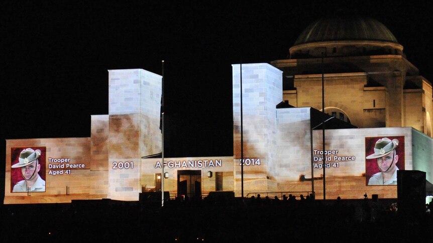 Afghanistan soldiers projected on the Australian War Memorial in Canberra 2014
