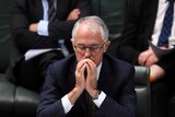 Malcolm Turnbull sits with his hands together in front of his face, eyes closed.