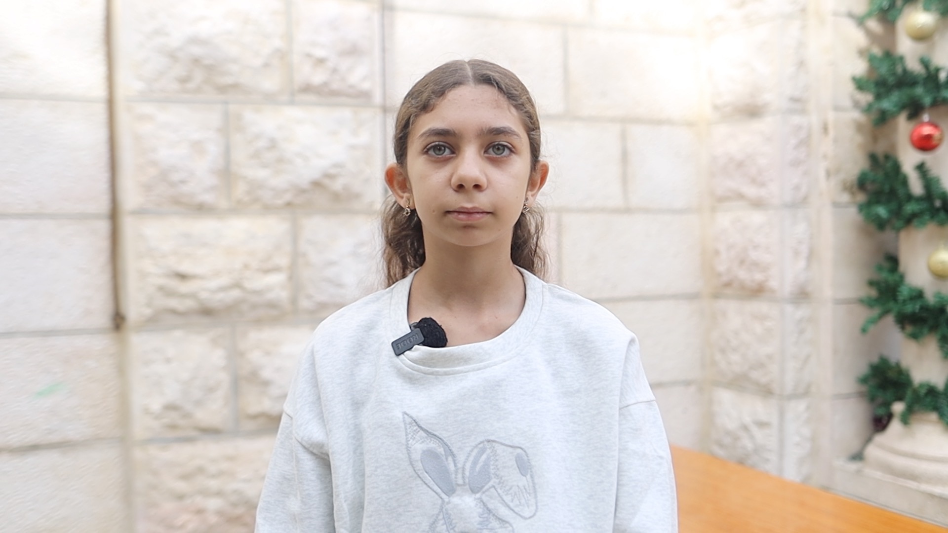 Una joven que lleva un suéter y el pelo recogido en una cola de caballo se encuentra frente a una pared con adornos navideños