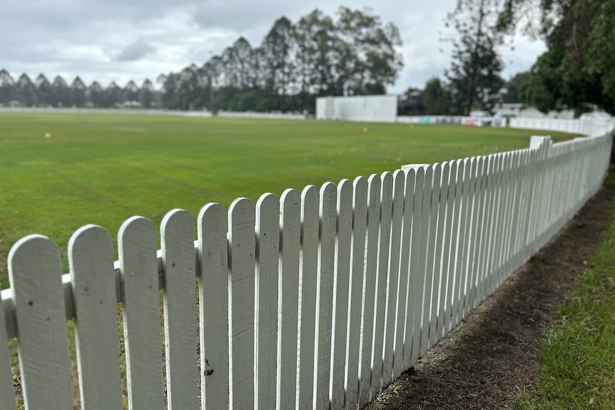 An image of a white picket fence with a green cricket oval and trees in the background.