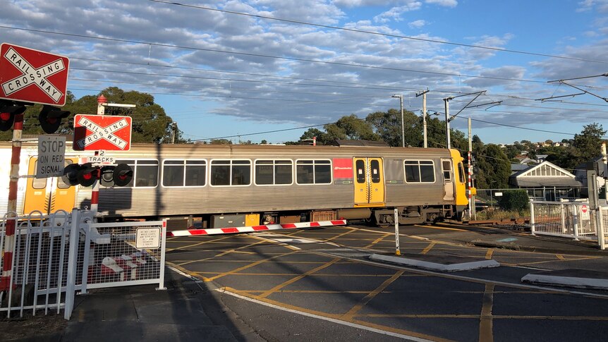 A train going through a level crossing with boom gates down
