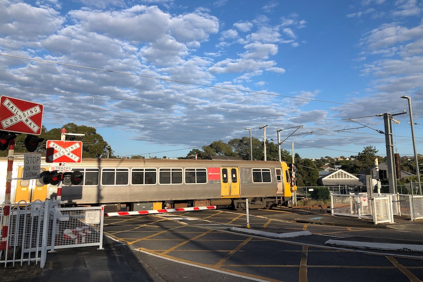 A train going through a level crossing with boom gates down