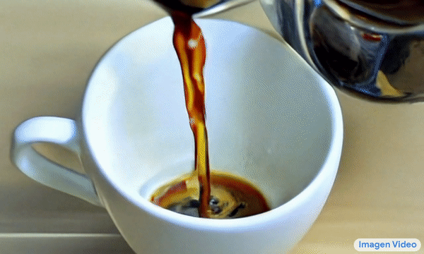 An animated gif of an AI-generated video of coffee being poured into a cup