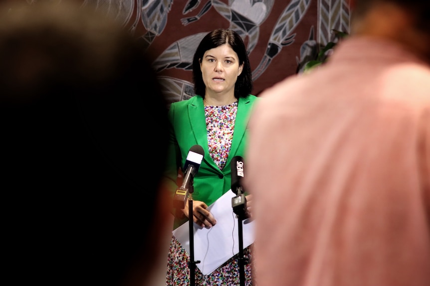 A woman wearing a green jacket speaks to media