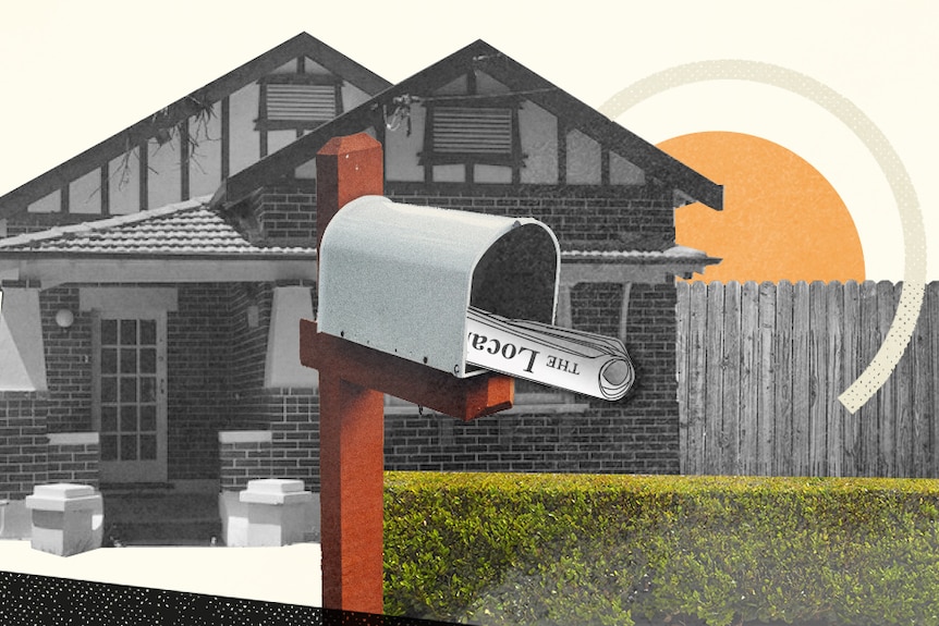 Illustration of a rolled up newsletter in a letterbox in front of a black and white house with a sun in the background.