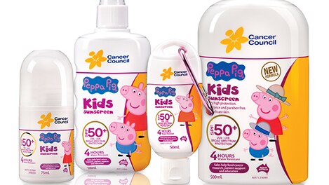 Cancer Council's SPF50+ Peppa Pig sunscreen range.