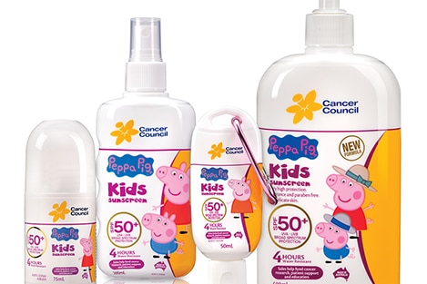 Cancer Council's SPF50+ Peppa Pig sunscreen range.