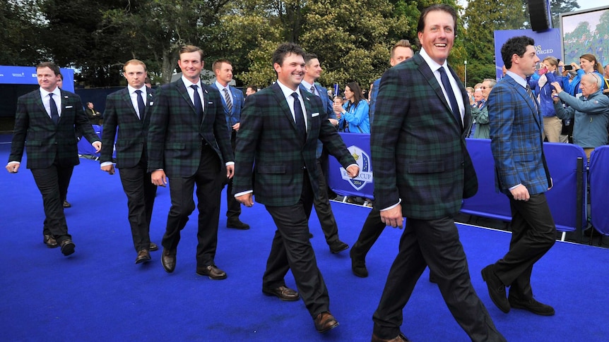 US and Europe teams walk out for Ryder Cup opening ceremony