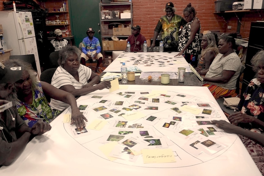 Educators sit around a table organising school work for students. 