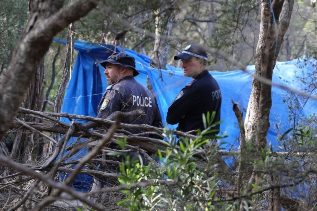 Two police officers in bushland next to blue tarpaulin.