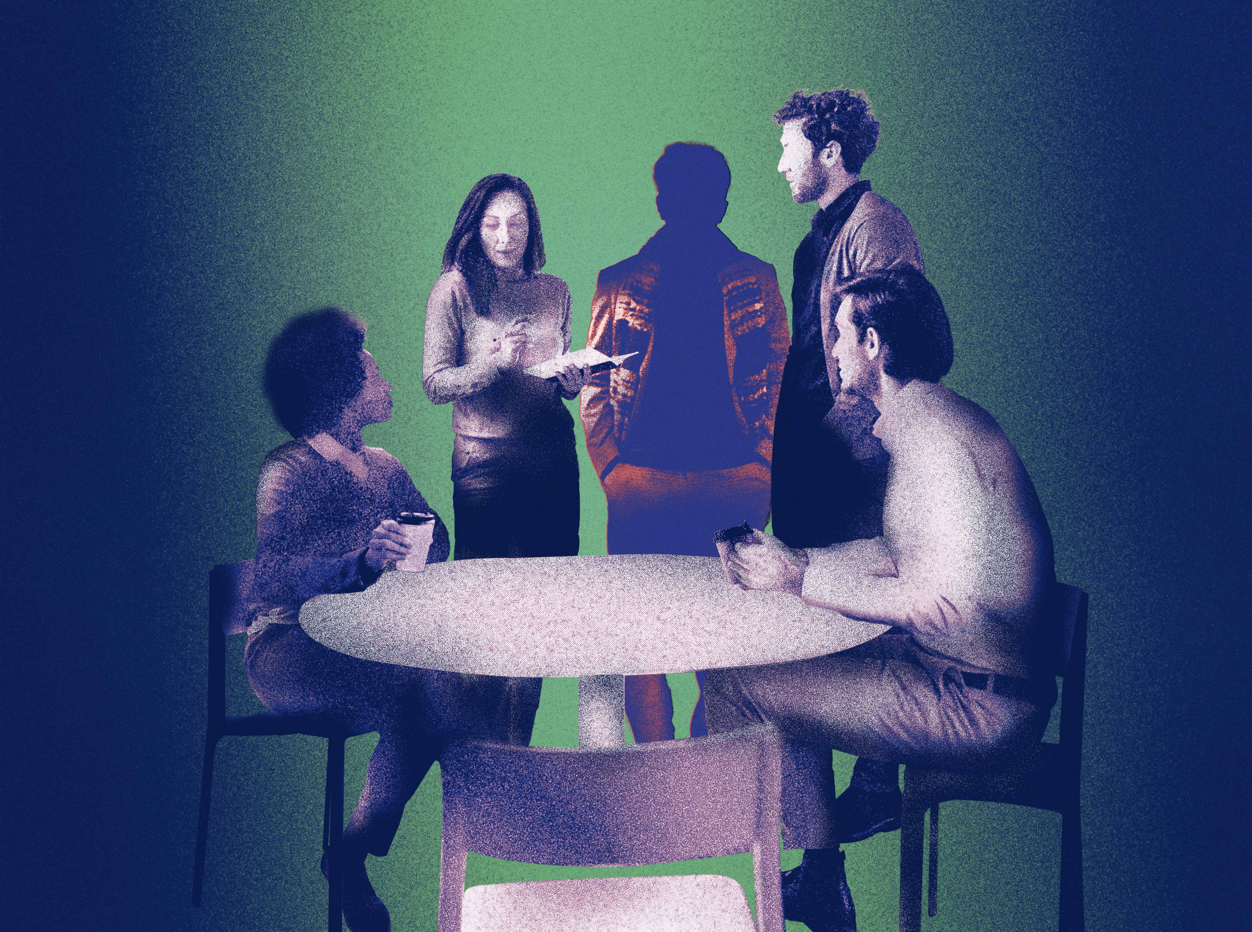 An illustration of five people sitting and standing around a table.