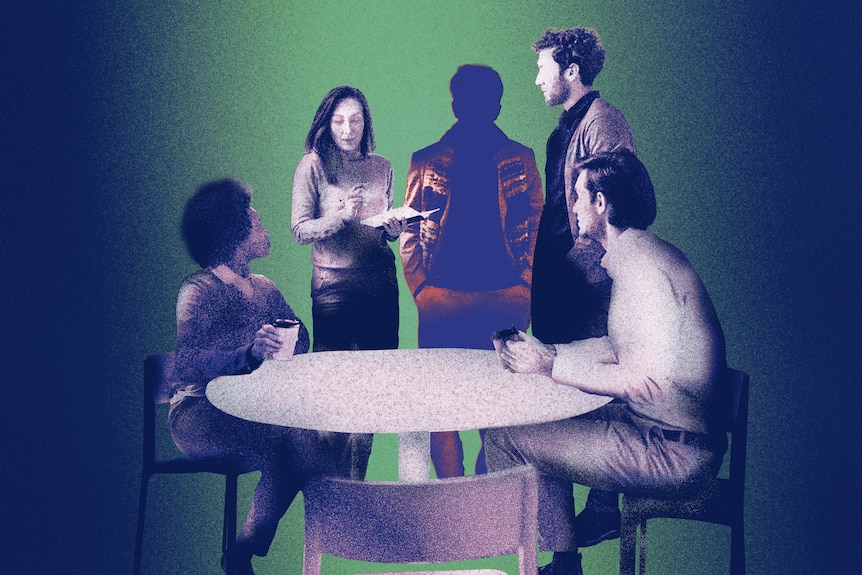 An illustration of five people sitting and standing around a table.