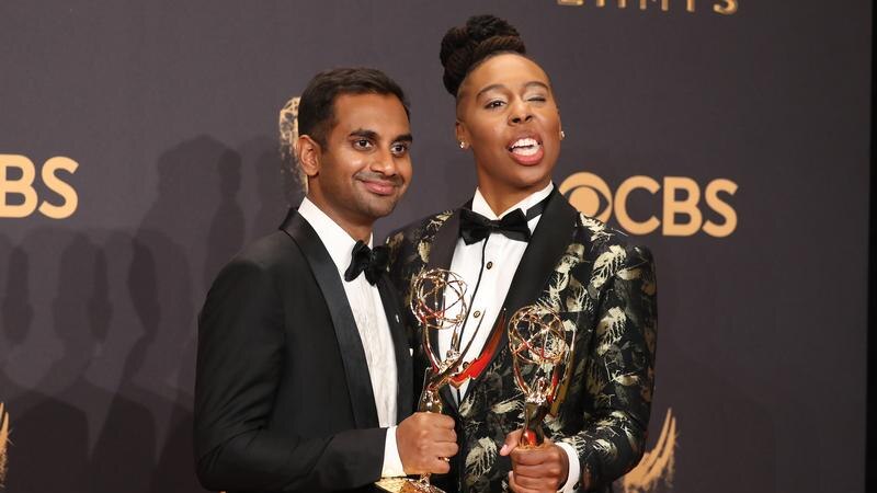Aziz Ansari (L) and Lena Waithe pose with their Emmy