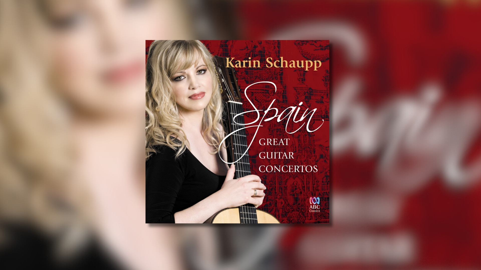 Karin Schaupp (a young woman with long blond hair), dressed in black, holding a guitar close to her body.