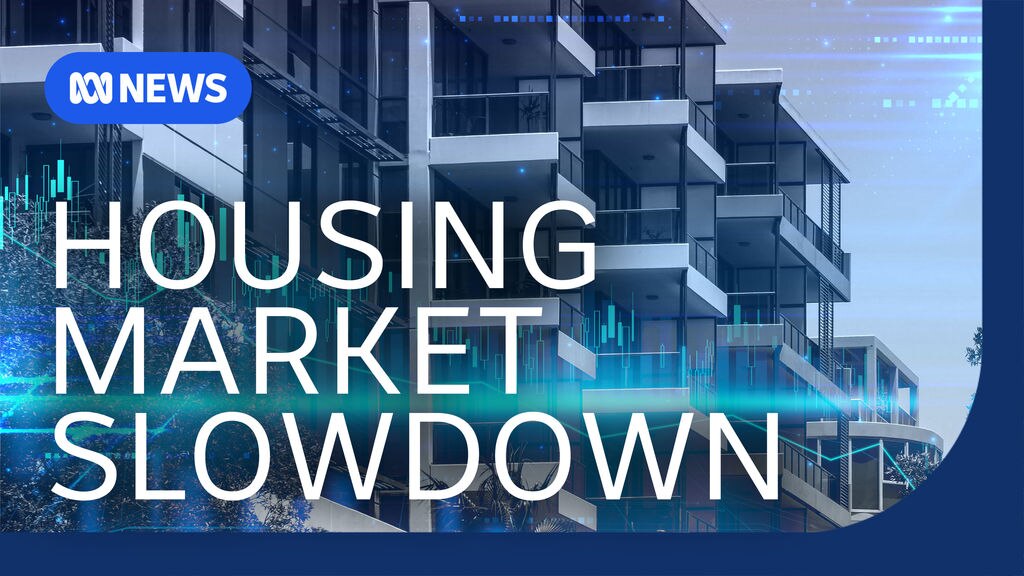 Housing Market Slowdown: A row of apartments with a graphic blue neon line across the bottom of frame.