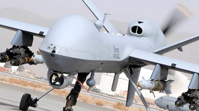 A British RAF Reaper drone on the runway.