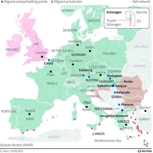 Map of the European Union showing the Schengen states