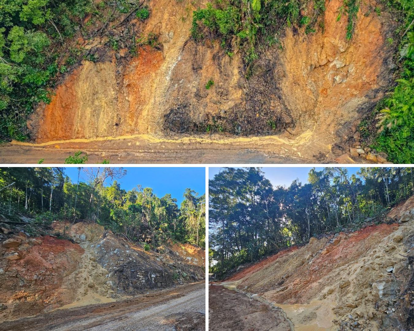 A collage shows a landslips on a mountain, where work is currently underway to repair the road.