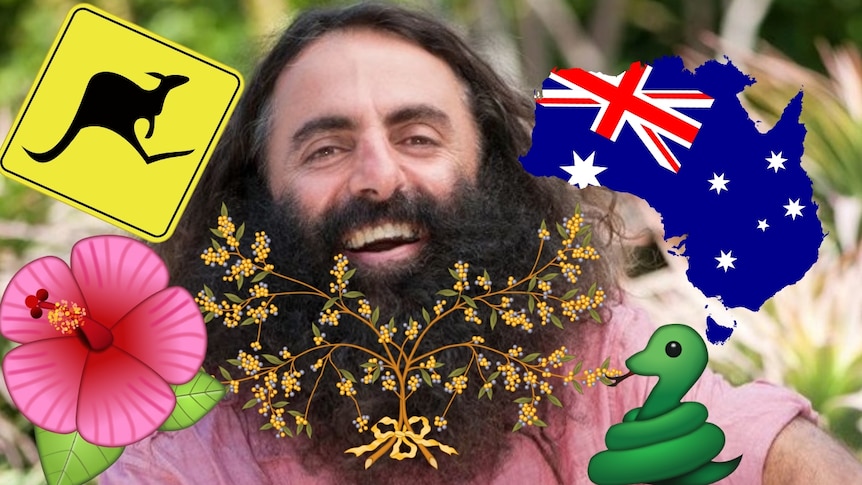 Gardening Australia's Costa Georgiadis with wattle emoji on beard and other Australia-themed images
