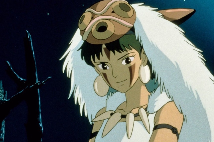 The animated heroine of Princess Mononoke, San, wearing a wolf skin and face paint.