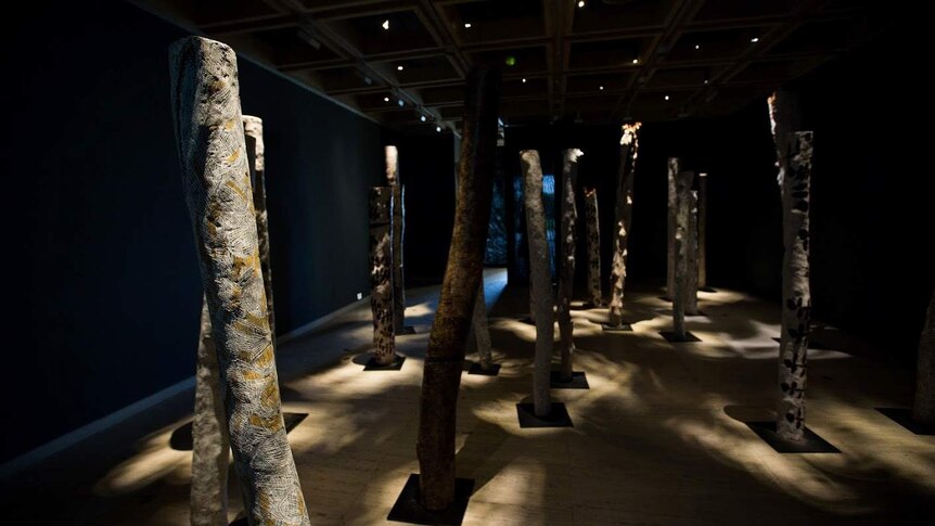 Wooden poles that look like tree stumps inside a darkened room.