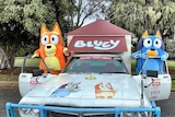 An image of a ute decorated with Bluey memorabilia and two adults in Bluey costumes standing next to two cars
