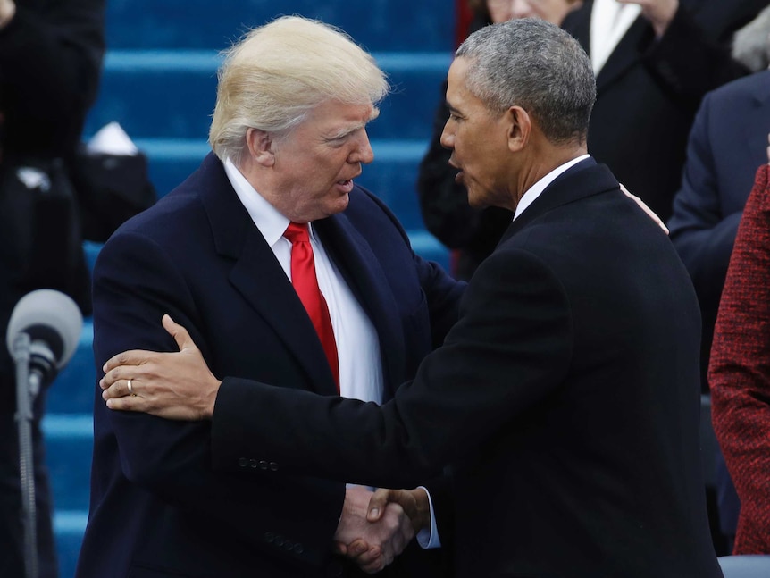 Donald Trump shakes hands with President Barack Obama before the 58th presidential inauguration