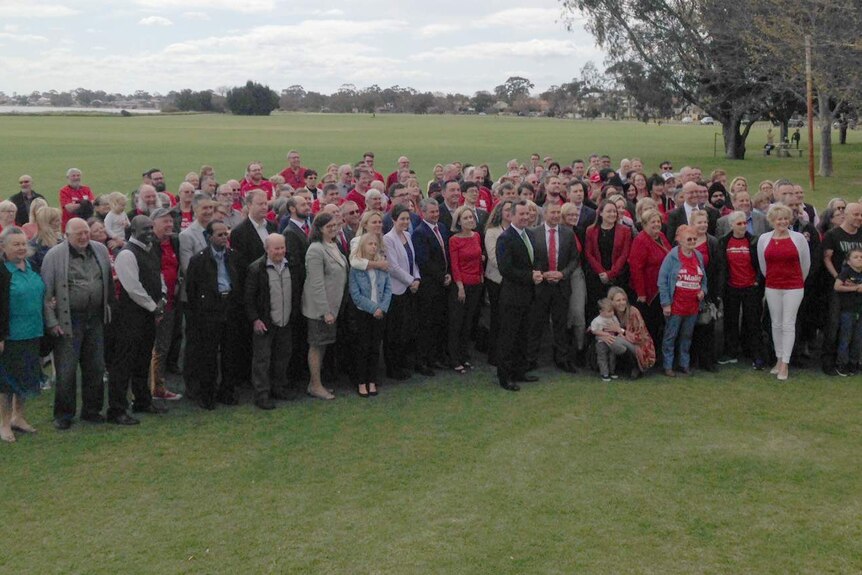 Group shot of Mark McGowan surrounded by candidates and supporters.