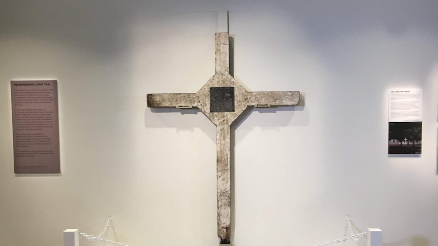 The Cross of Long Tan displayed inside the war memorial.