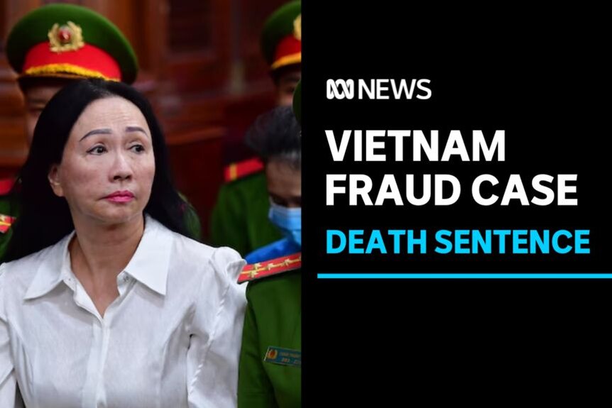 Vietnam Fraud Case, Death Sentence: A woman is escorted by security authorities in green uniforms.