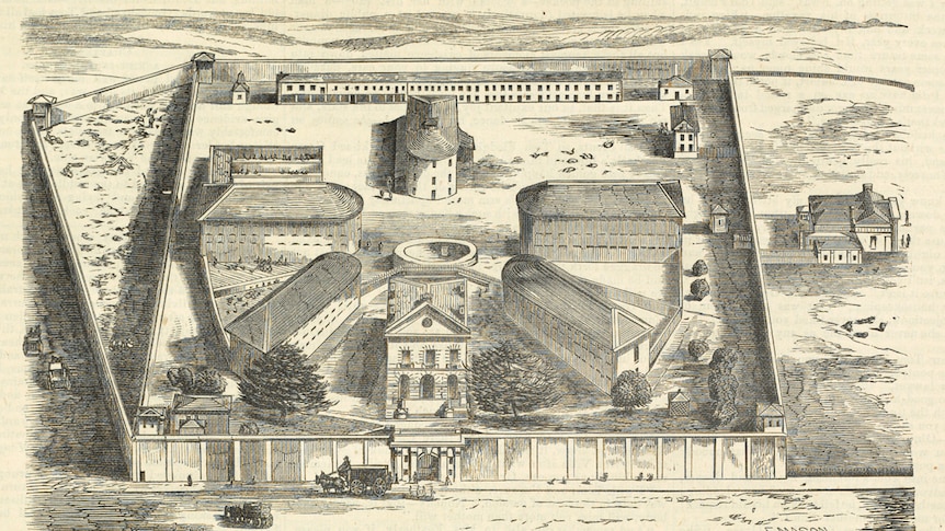 An illustration of the Darlinghurst jail in 1866
