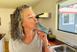 A woman in a grey shirt kissing a blue budgie while standing in a kitchen