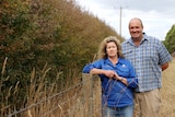 A woman with blonde hair and a balding man stand next to a hedge