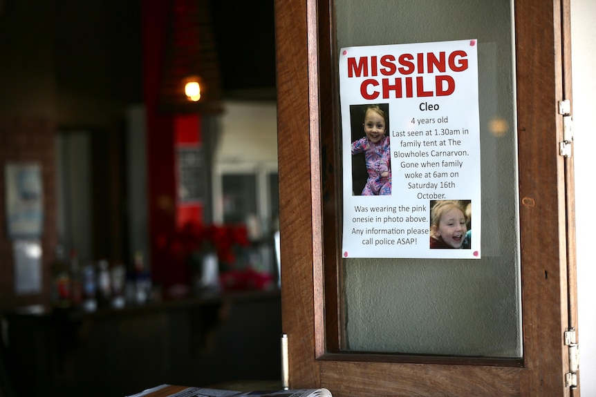 A 'Missing Child' poster for Cleo Smith on a pub in Carnarvon.