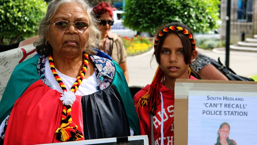 Miss Dhu - who died in custody in a WA prison - Grandmother Carol Roe, with her granddaughter and Ms Dhu's younger sister Yolanda calling for action to stop Aboriginal deaths in custody