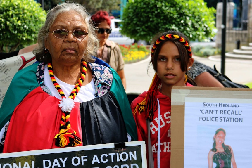 Miss Dhu - who died in custody in a WA prison - Grandmother Carol Roe, with her granddaughter and Ms Dhu's younger sister Yolanda calling for action to stop Aboriginal deaths in custody